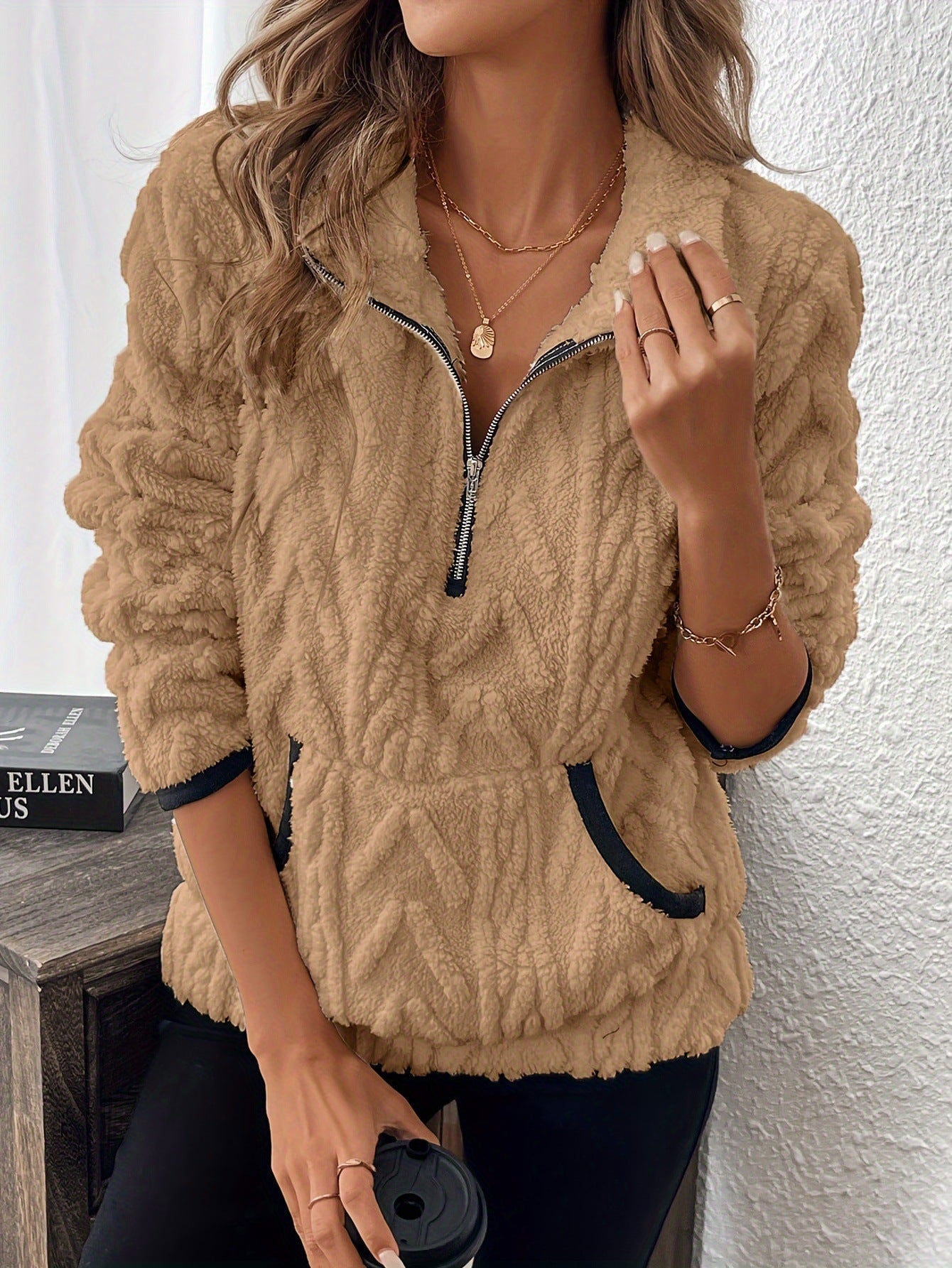 Sweatshirt with Half Zip and Fluffy Pocket