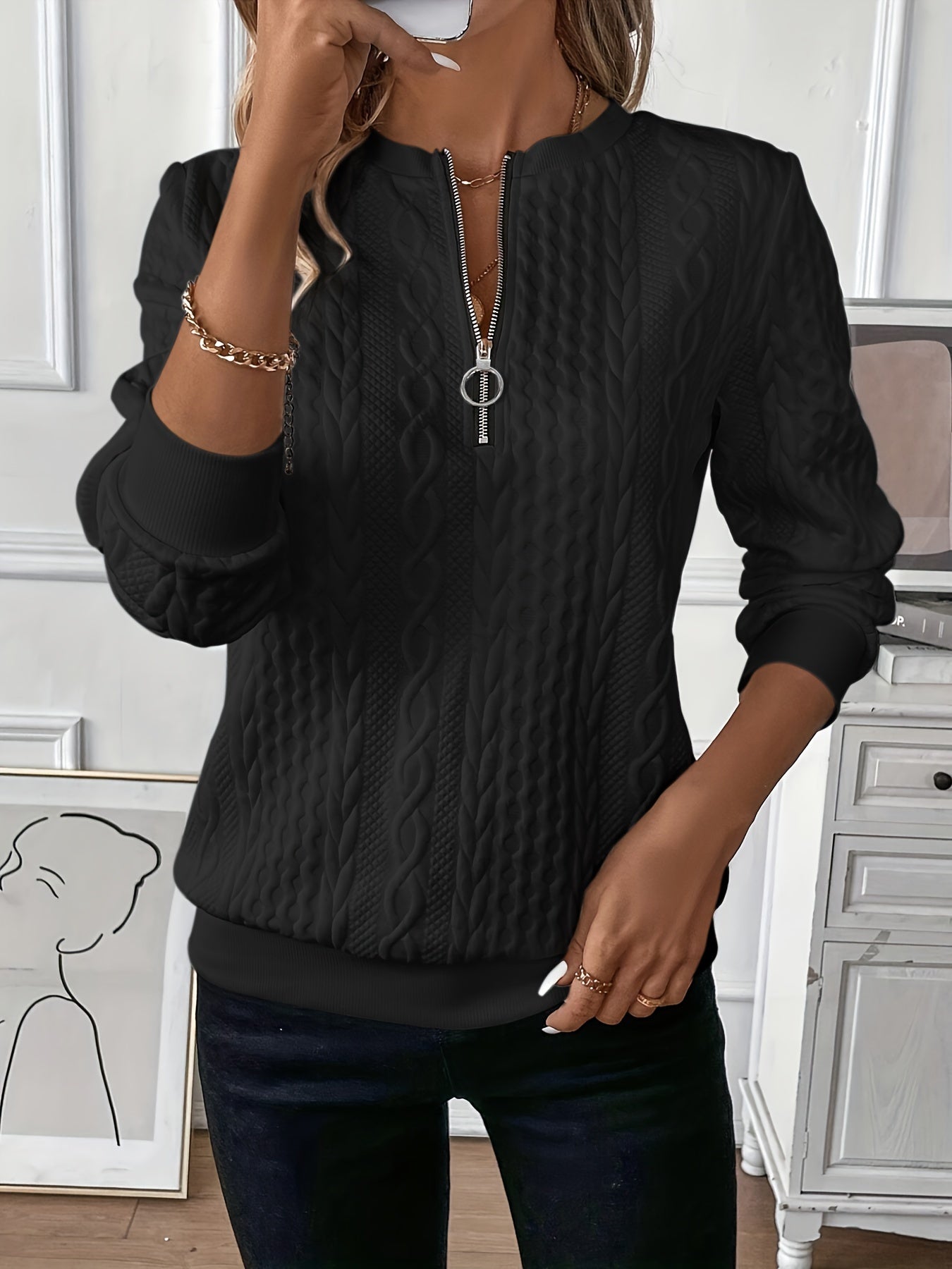 Amalie - Pull à col zippé en tricot torsadé pour femmes