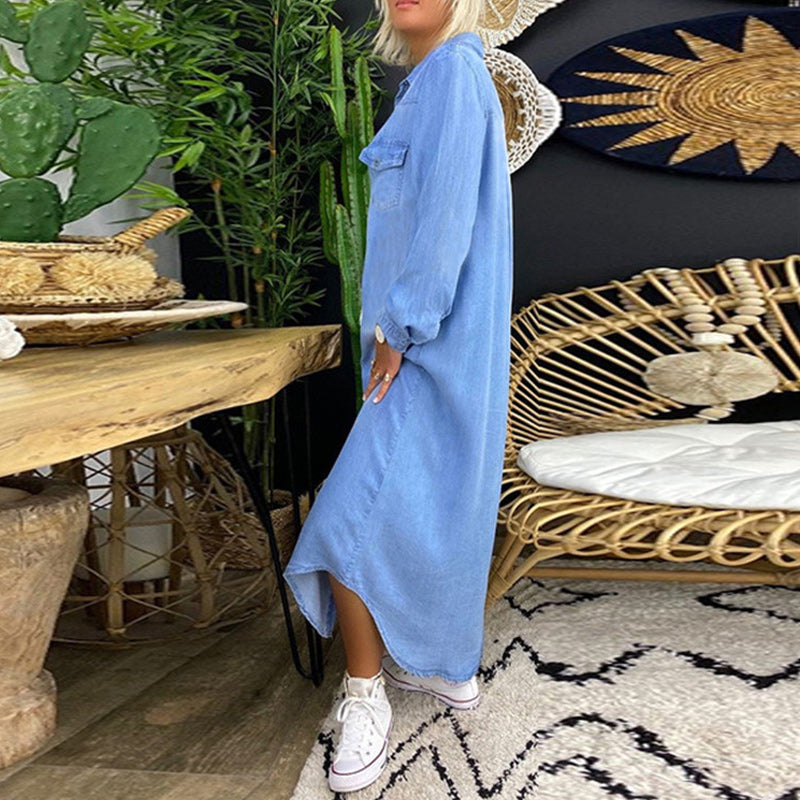 Leviana | Robe Maxi à Manches Longues en Denim