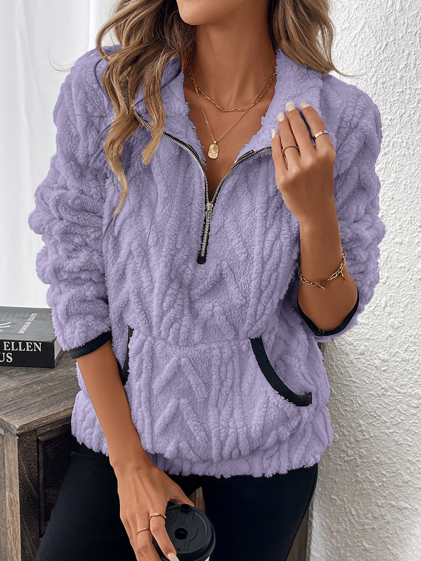 Sweatshirt with Half Zip and Fluffy Pocket