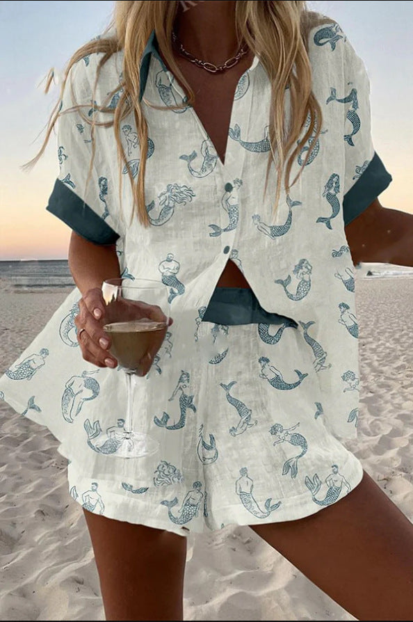 Jalira | Ensemble court en lin avec imprimé sirène