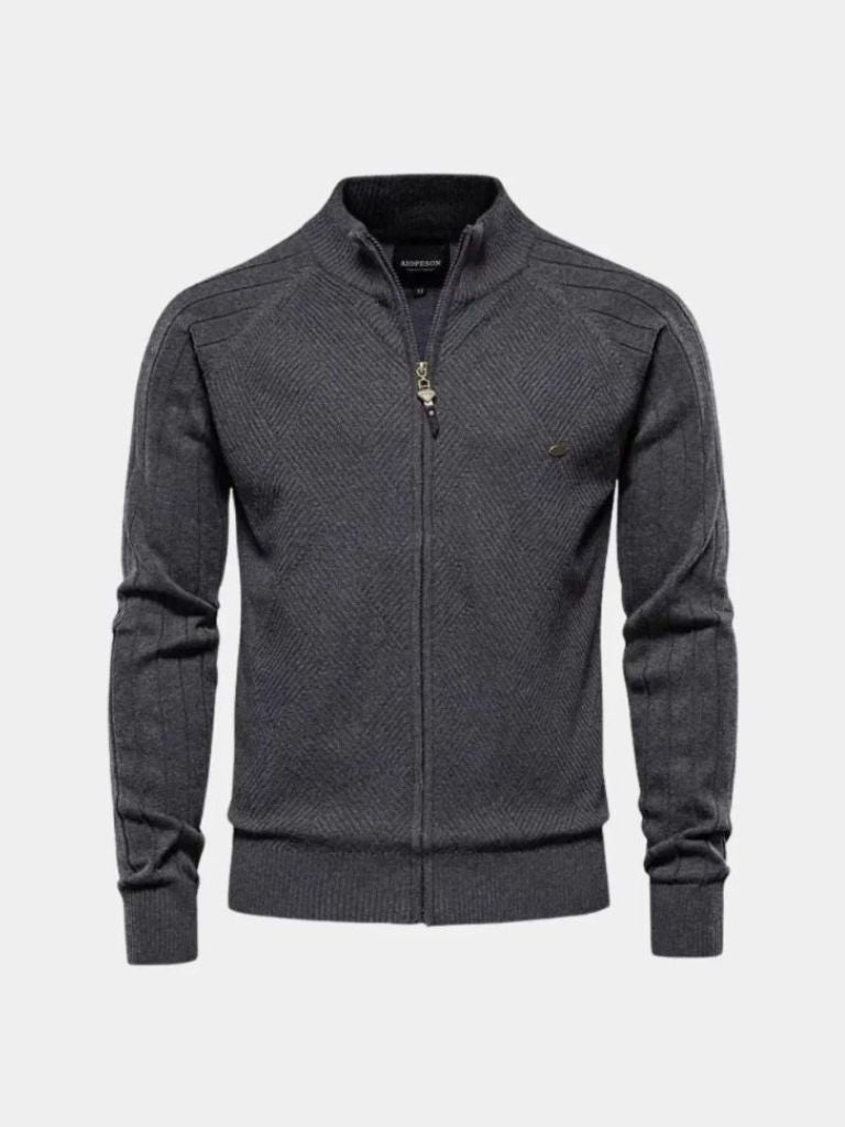 Solid Color Zippered Knit Jacquard Cardigan - Leviana