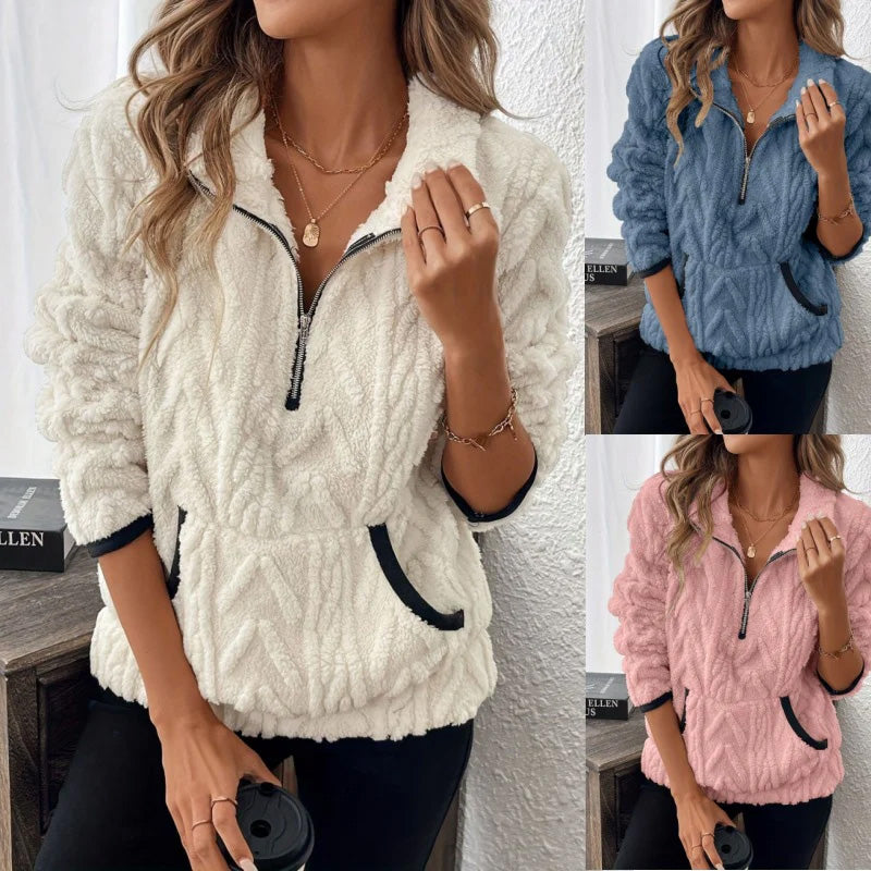 Sweatshirt with Half Zip and Fluffy Pocket