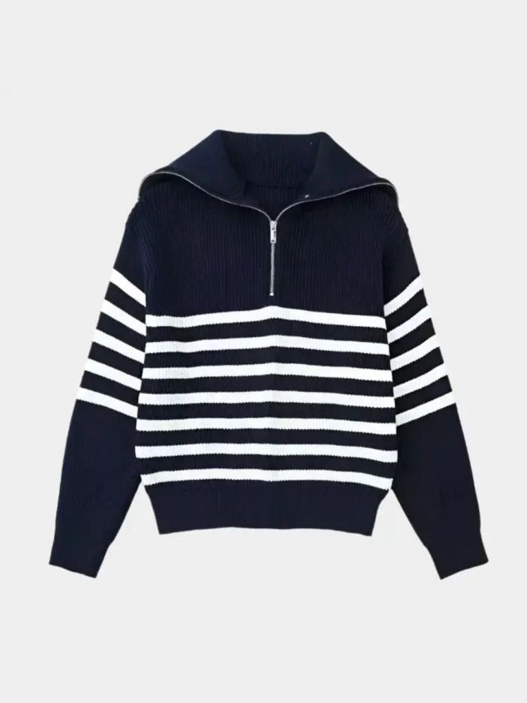 Knitted Sweater with Zipper and Stripes - Leviana