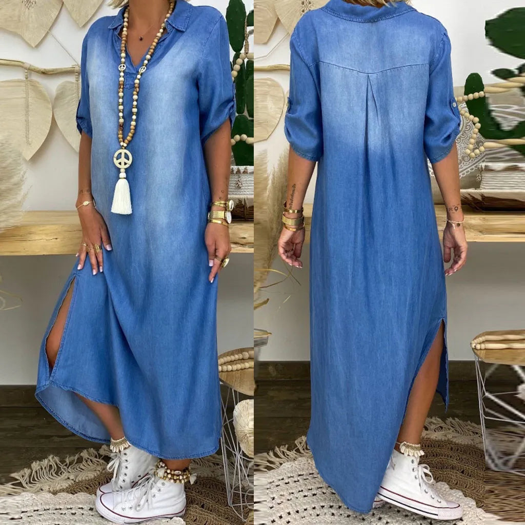 Leviana | Robe en denim longue avec fentes latérales