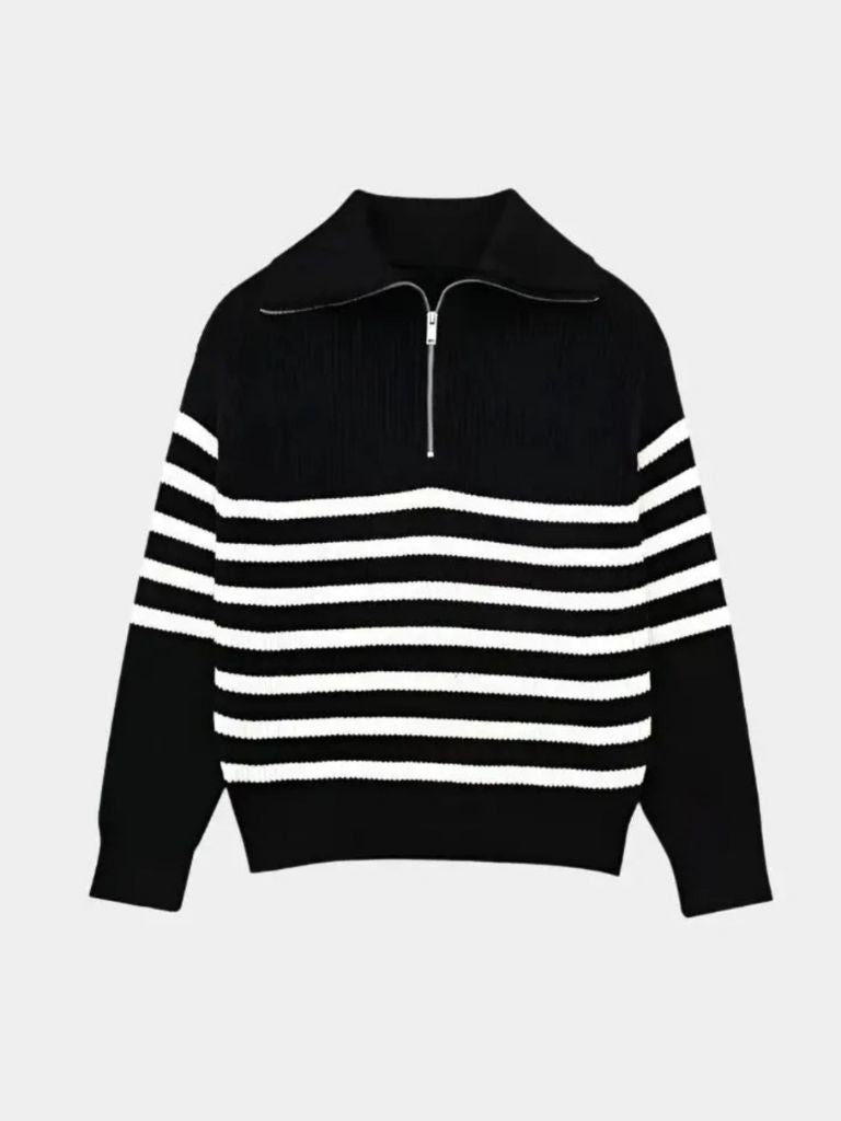 Knitted Sweater with Zipper and Stripes - Leviana