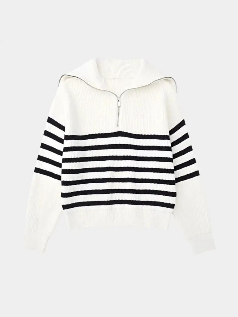 Knitted Sweater with Zipper and Stripes - Leviana