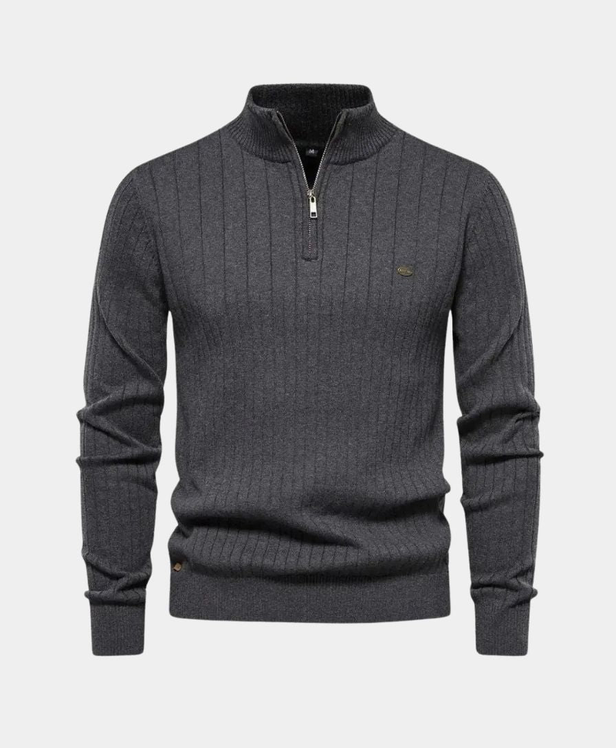 Cotton Pullover with Vertical Stripes and Half-Zip - Leviana