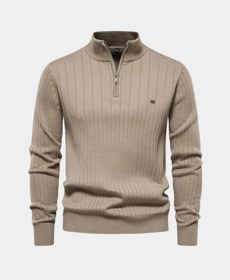 Cotton Pullover with Vertical Stripes and Half-Zip - Leviana