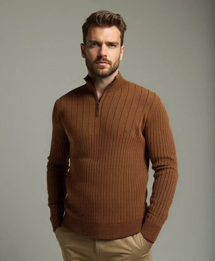Cotton Pullover with Vertical Stripes and Half-Zip - Leviana