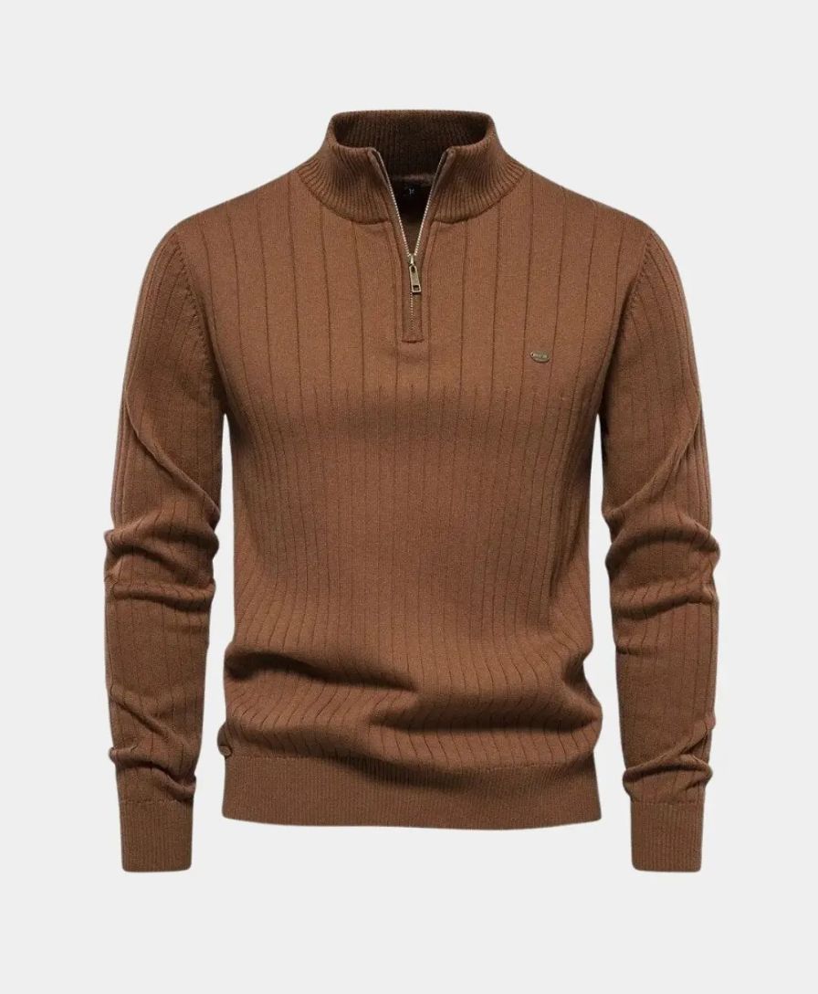 Cotton Pullover with Vertical Stripes and Half-Zip - Leviana