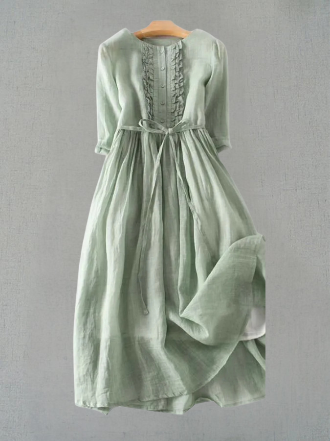 Arya - Robe Femme de Style Rétro avec Col Ronde et Lacs à la Taille