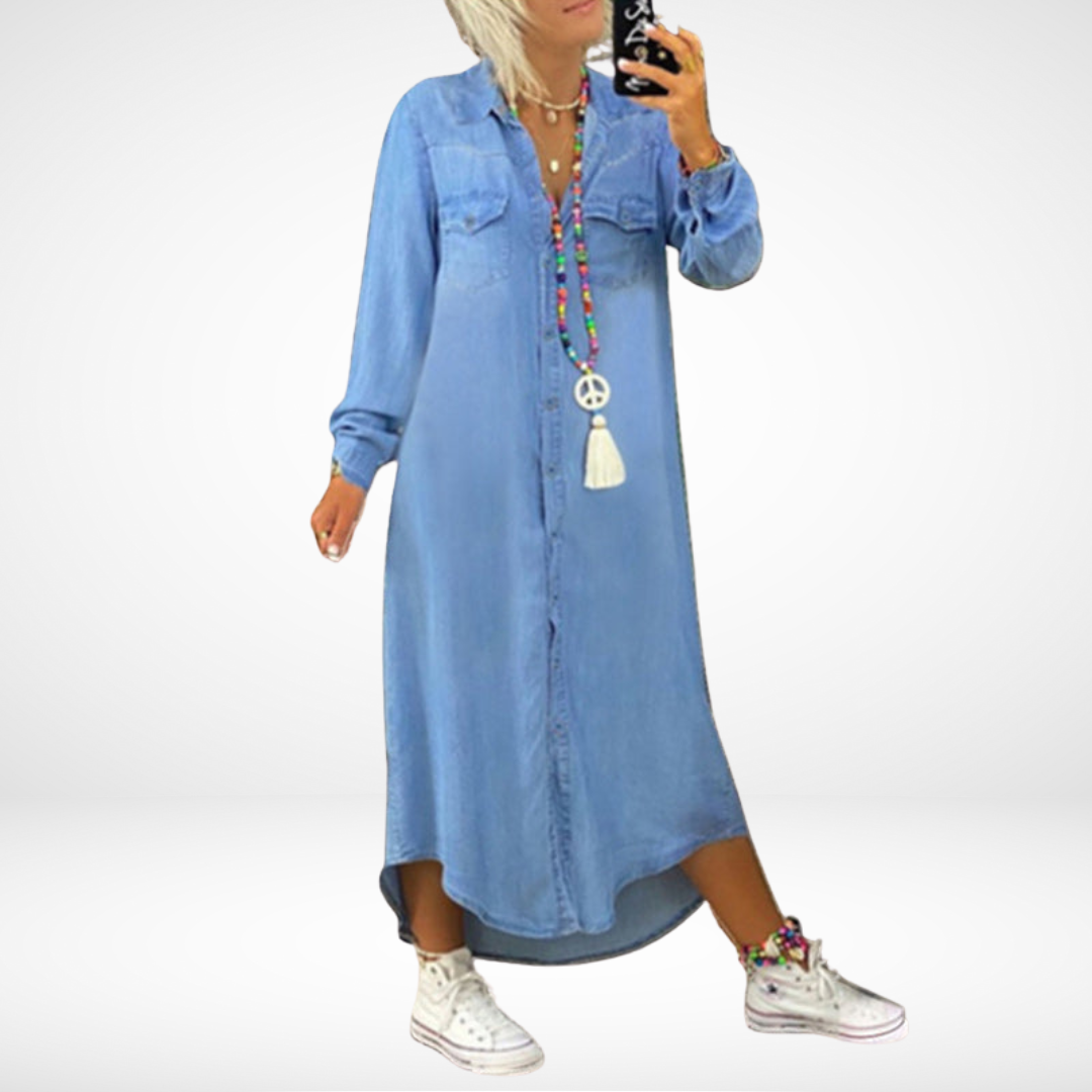 Leviana | Robe Maxi à Manches Longues en Denim