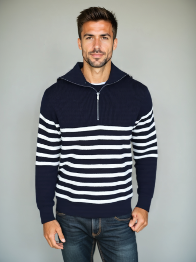 Knitted Sweater with Zipper and Stripes - Leviana