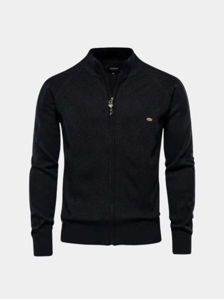 Solid Color Zippered Knit Jacquard Cardigan - Leviana