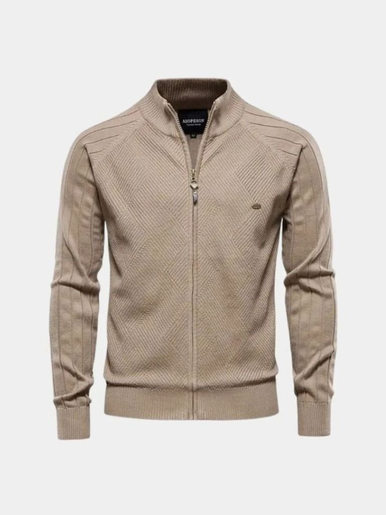 Solid Color Zippered Knit Jacquard Cardigan - Leviana