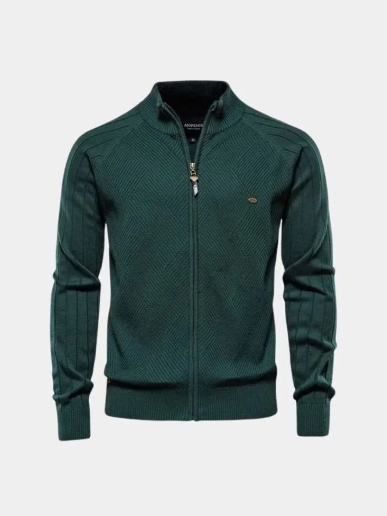Solid Color Zippered Knit Jacquard Cardigan - Leviana