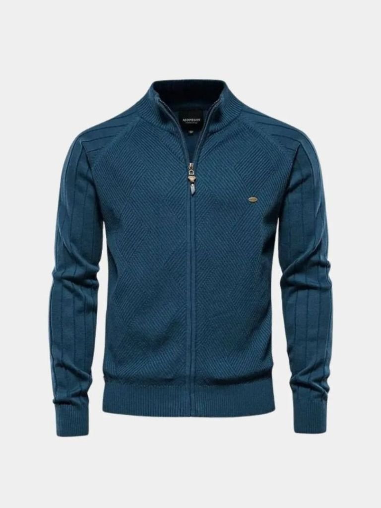 Solid Color Zippered Knit Jacquard Cardigan - Leviana